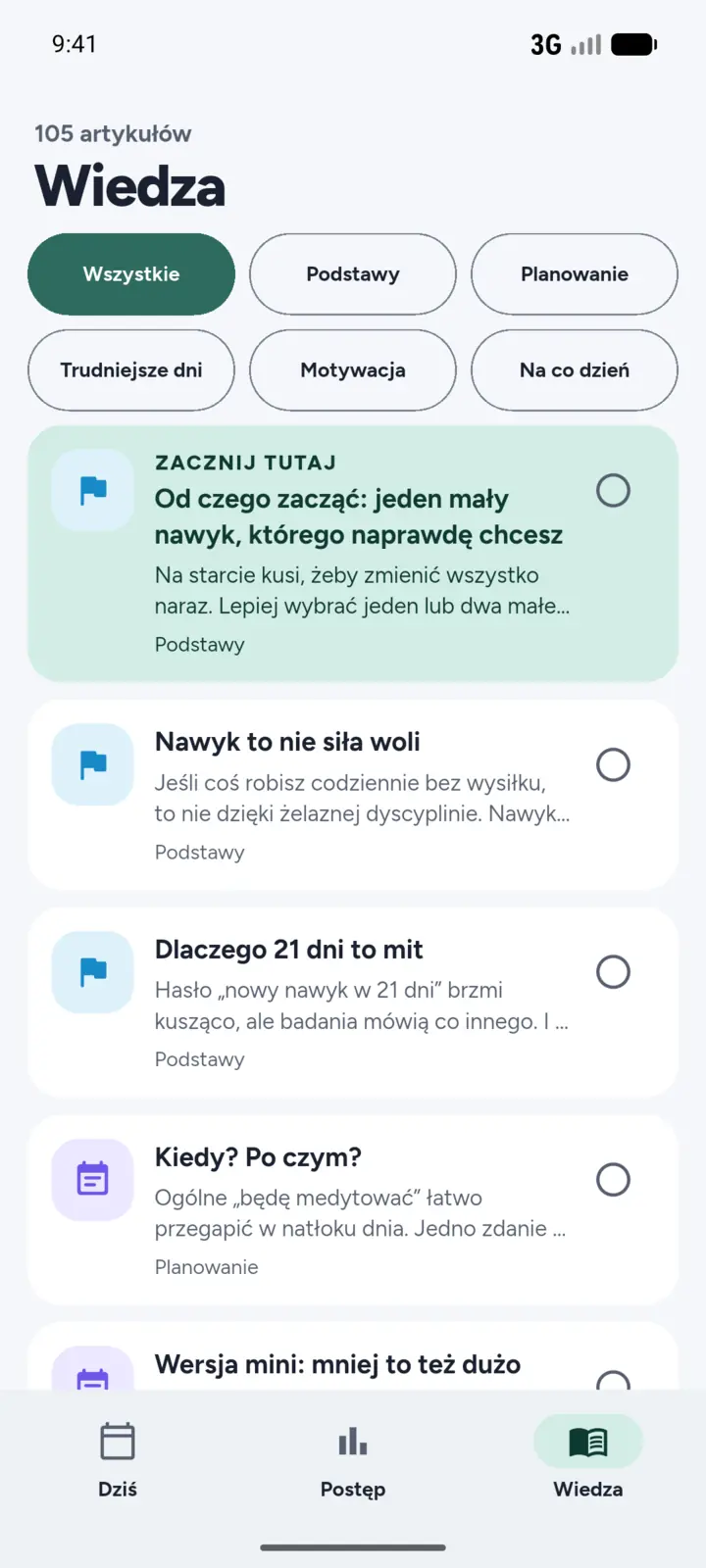 Ekran Wiedza: lista krótkich artykułów o&nbsp;nawykach z&nbsp;podziałem na działy.