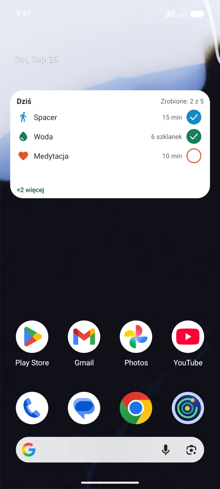 Ekran główny telefonu z&nbsp;widżetem Grooveday: lista dzisiejszych nawyków z&nbsp;polami do odhaczenia.